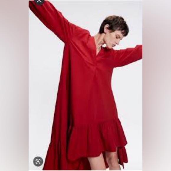 ZARA Red Asymmetrical Ruffle Midi Dress – Size M (US 6–8) EUC - Picture 3 of 11